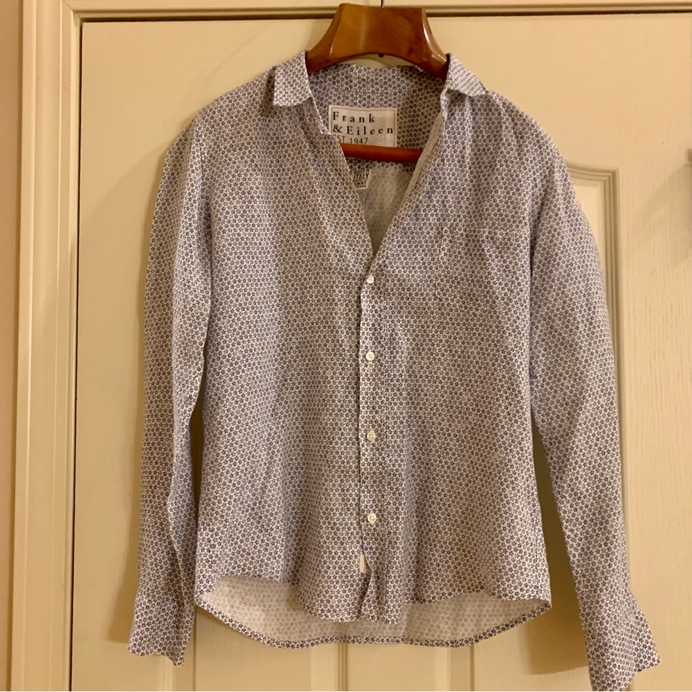 Frank & Eileen Sz M Blue Ditsy Floral Linen Barry Button Up Shirt
